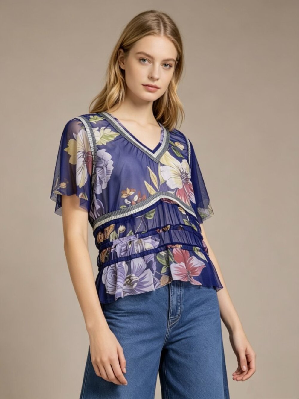 NWOT Johnny Was Biya Giana Mesh Floral Top Blouse Size M Blue